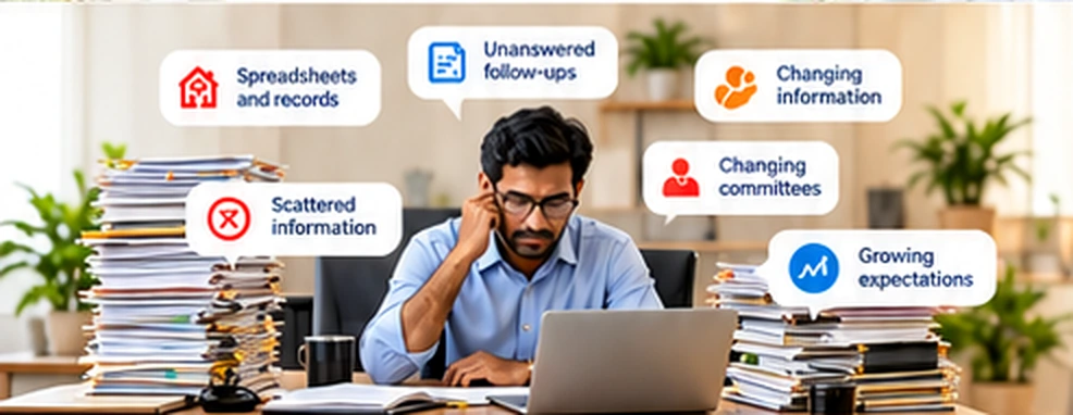 Illustrative administrative worker surrounded by paperwork