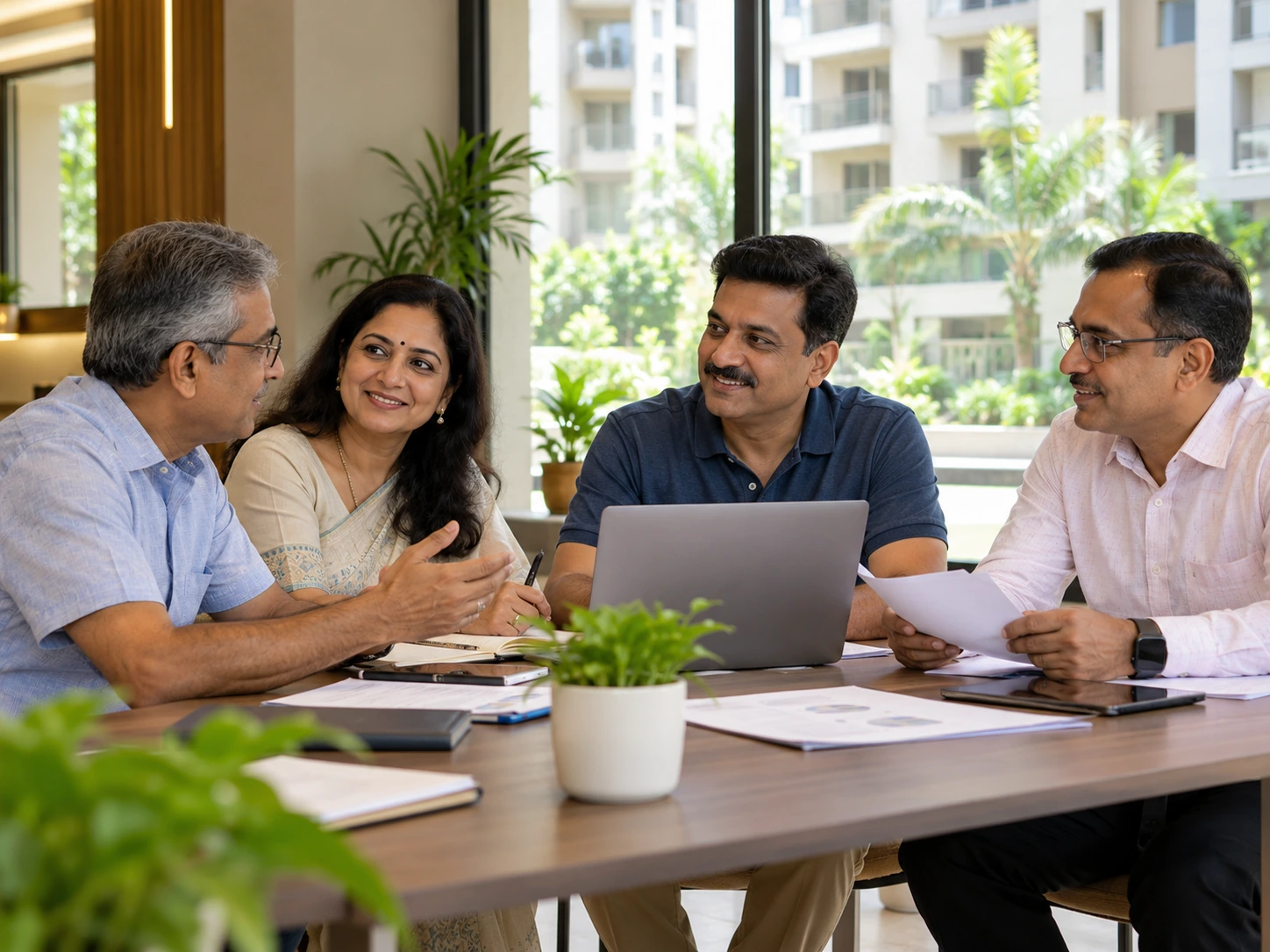 Residential society committee members discussing community management around a laptop