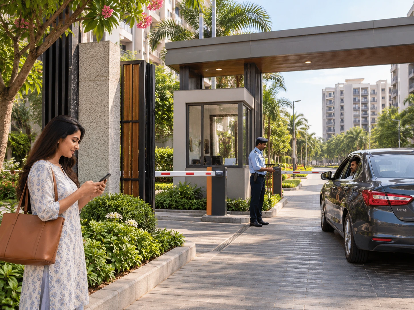 Photorealistic Indian gated residential community entrance with visitor coordination and security