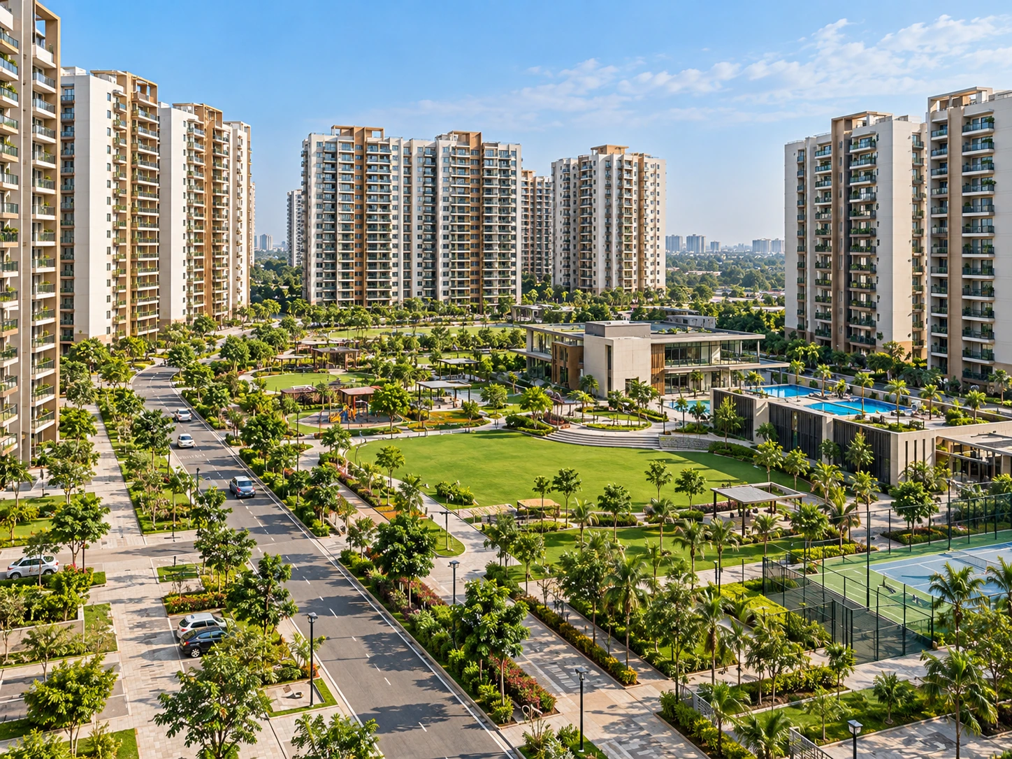 Photorealistic large residential township with apartment towers and extensive landscaped shared facilities