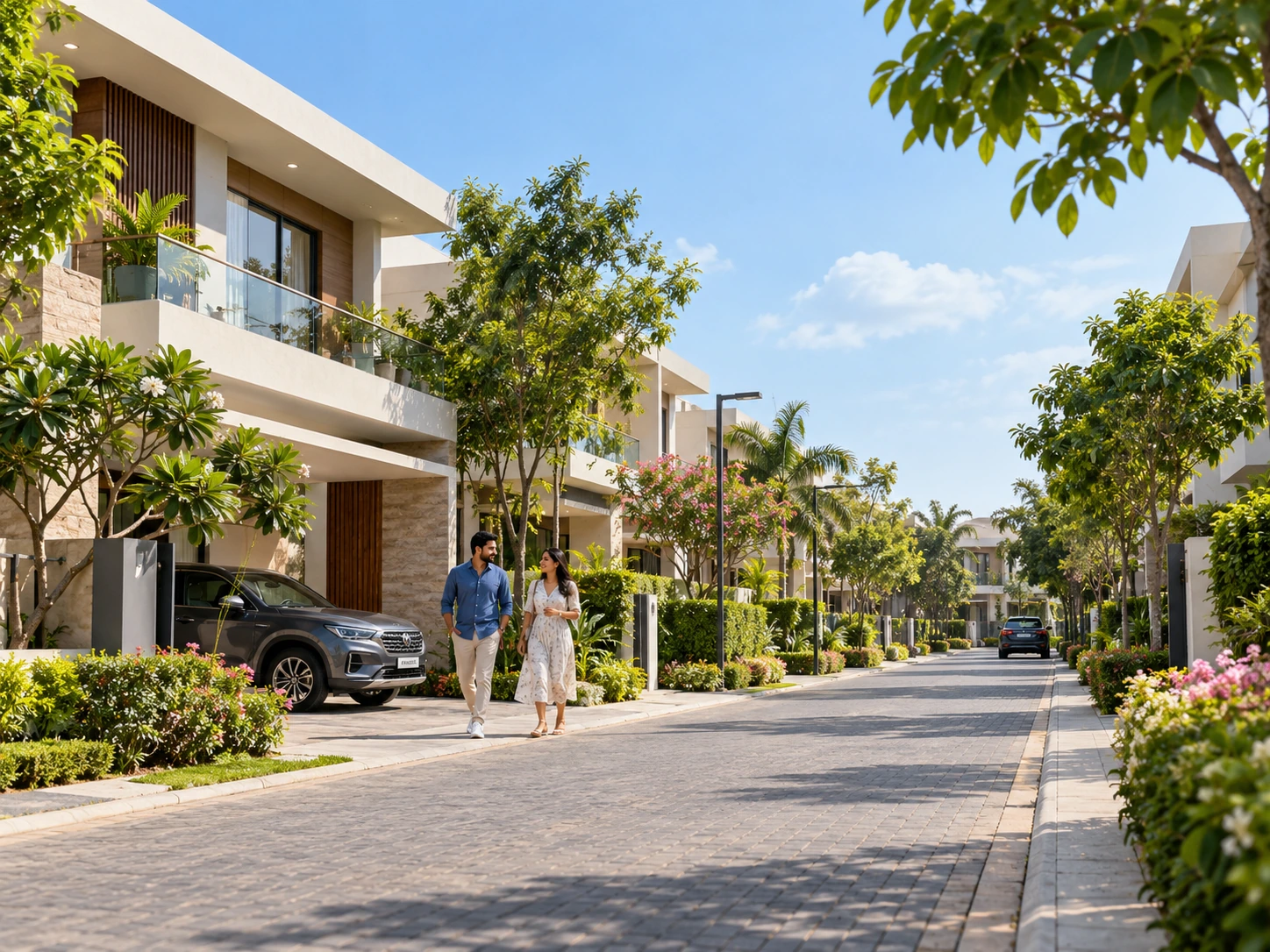 Photorealistic modern Indian villa neighborhood with greenery and a landscaped internal road