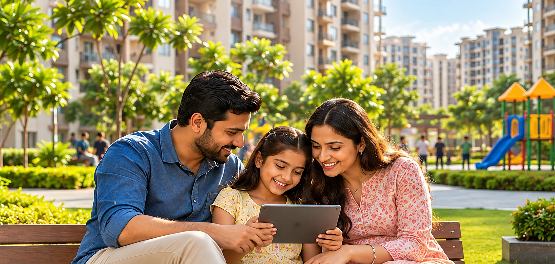 Indian family enjoying a tablet in a landscaped residential society courtyard