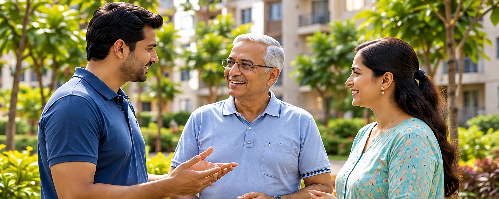 Illustrative neighbors talking together outside an Indian apartment community