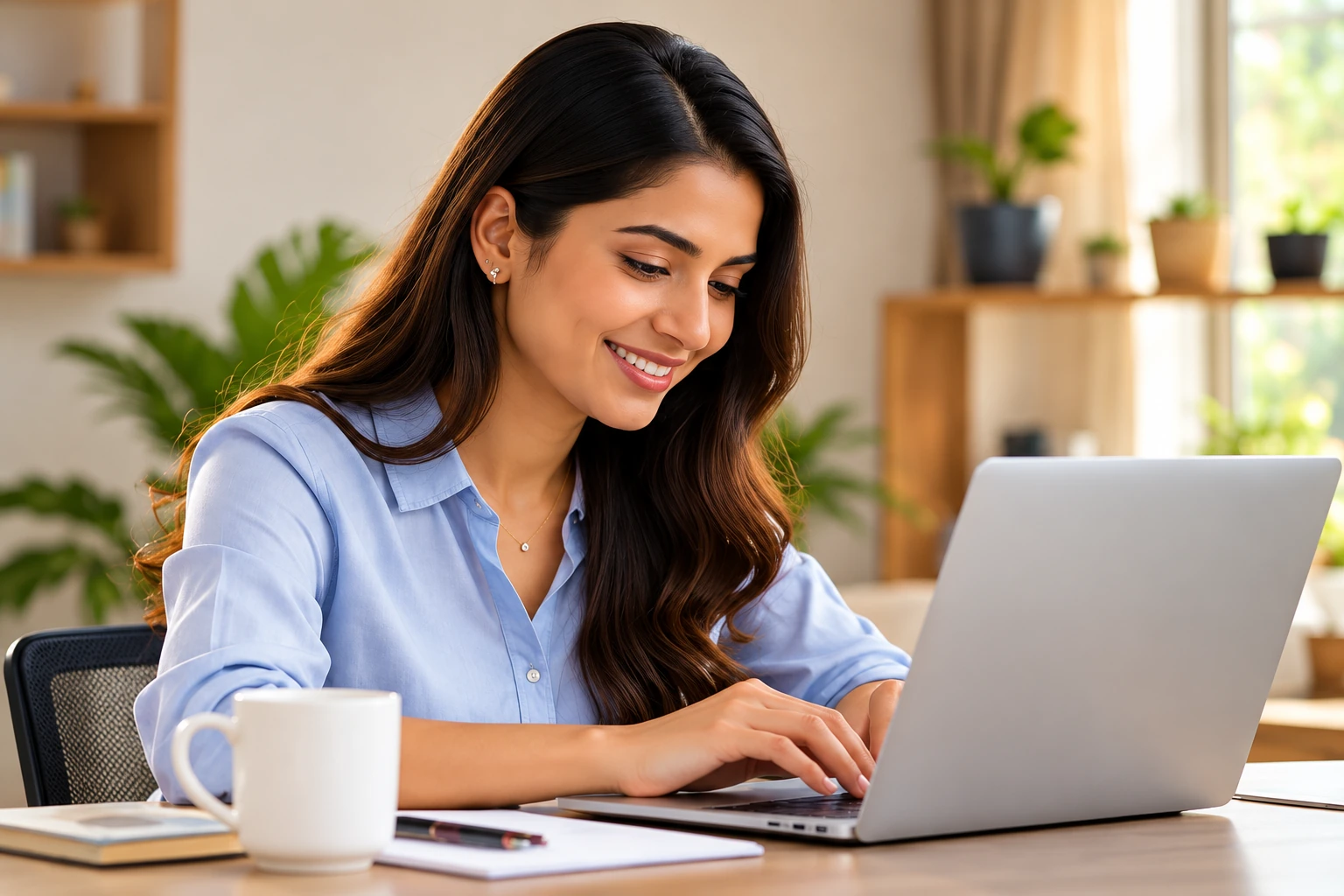 Illustrative working professional using a laptop at home