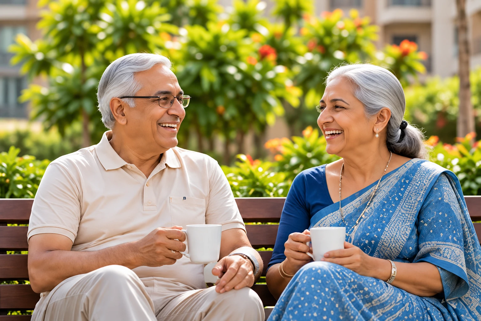 Illustrative senior couple sitting together in a green residential setting